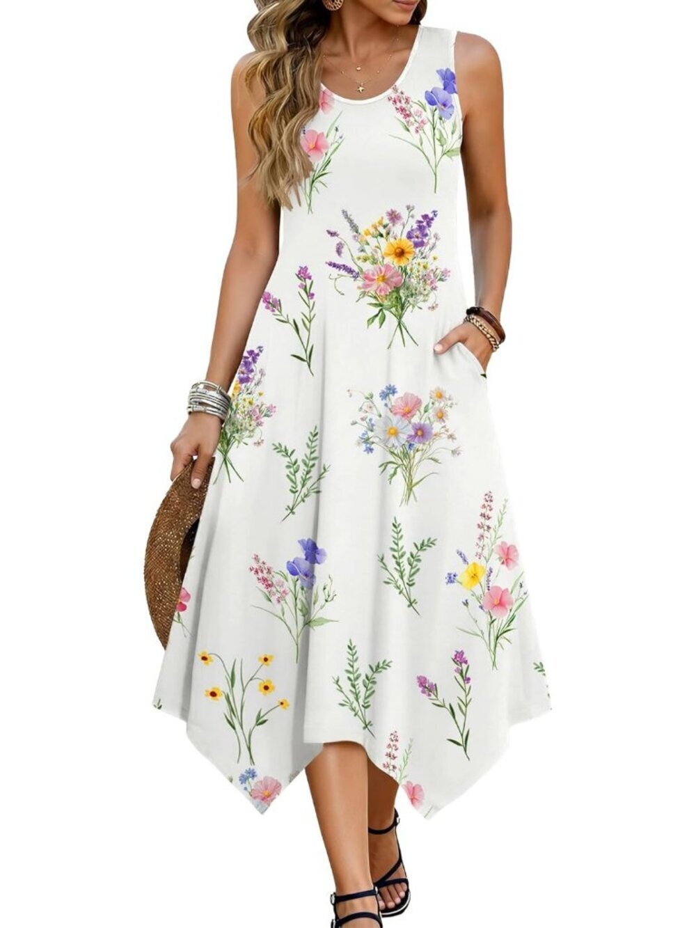 Hotouch Women's Floral White Stylish Sleeveless Sundress Hankerchief Beach Dress